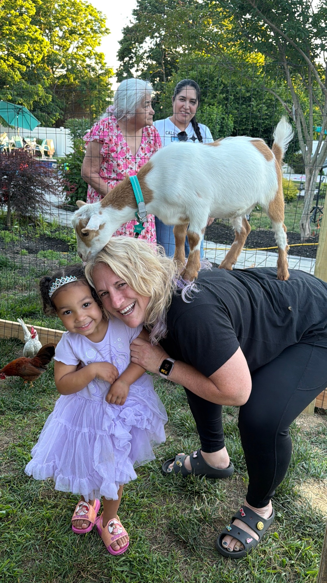 Little girl in a tiara hugging her mom while a baby goat perches on her back