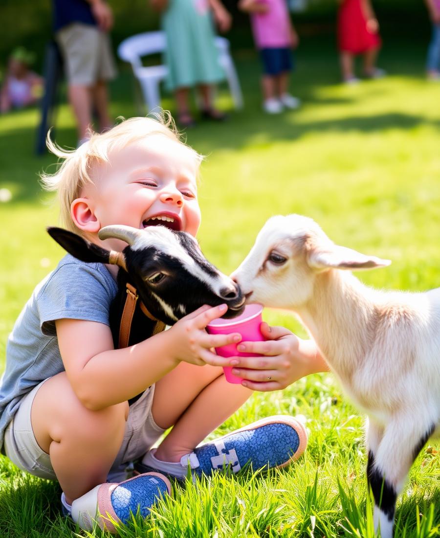 Toddler laughing with two baby goats