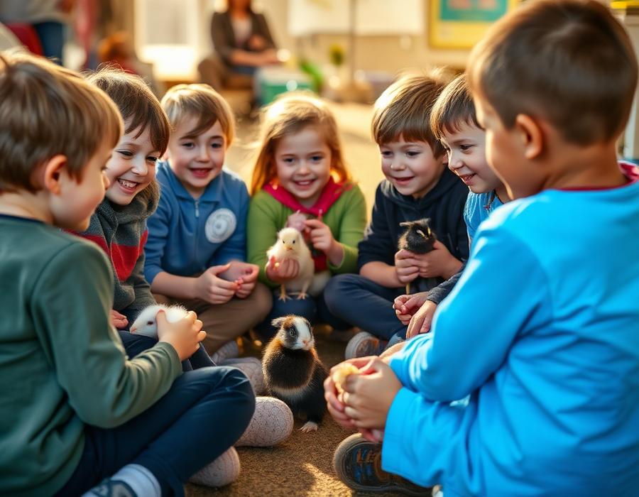Schoolchildren holding chicks
