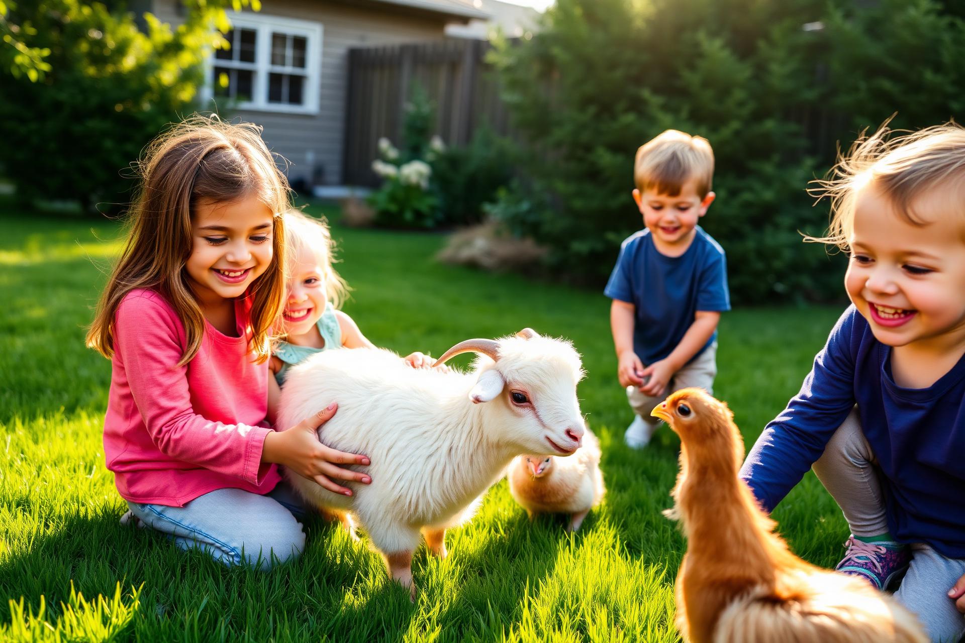 Kids surrounded by farm animals in a backyard